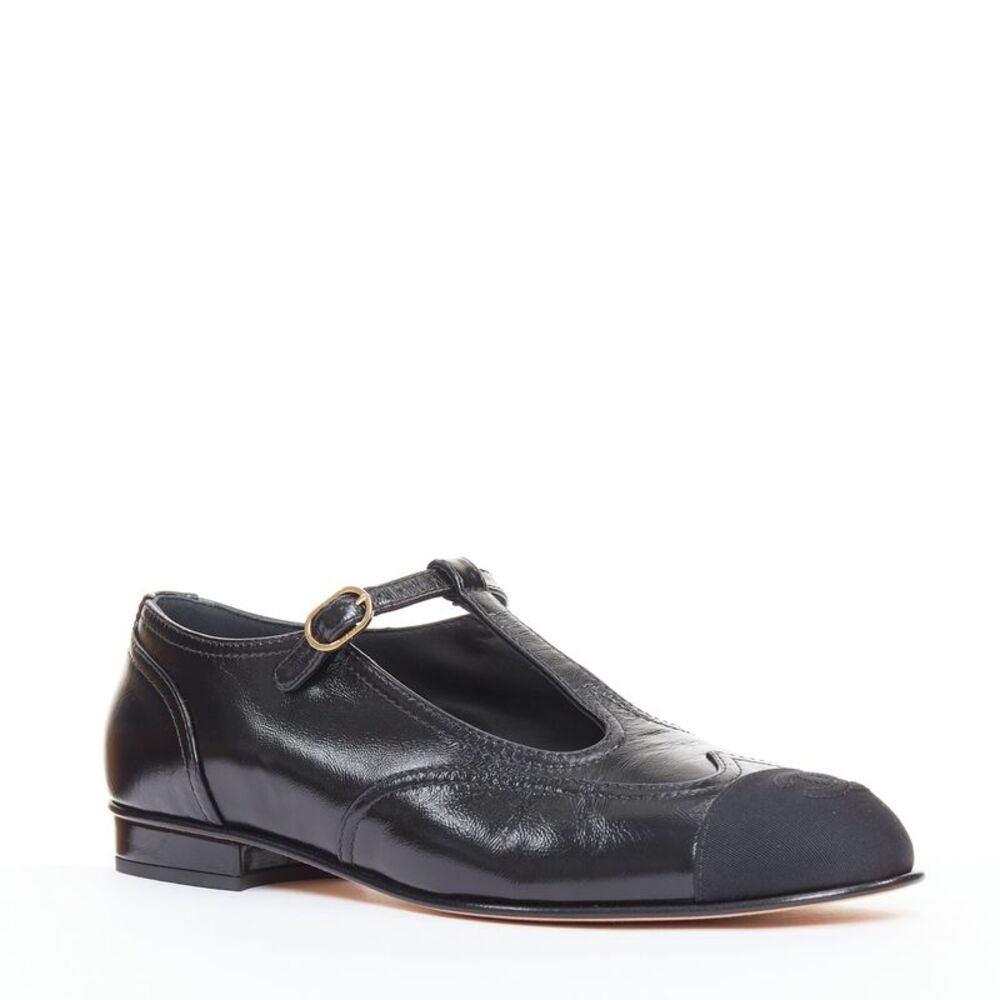 Chanel Leather Grosgrain T-Strap Flats